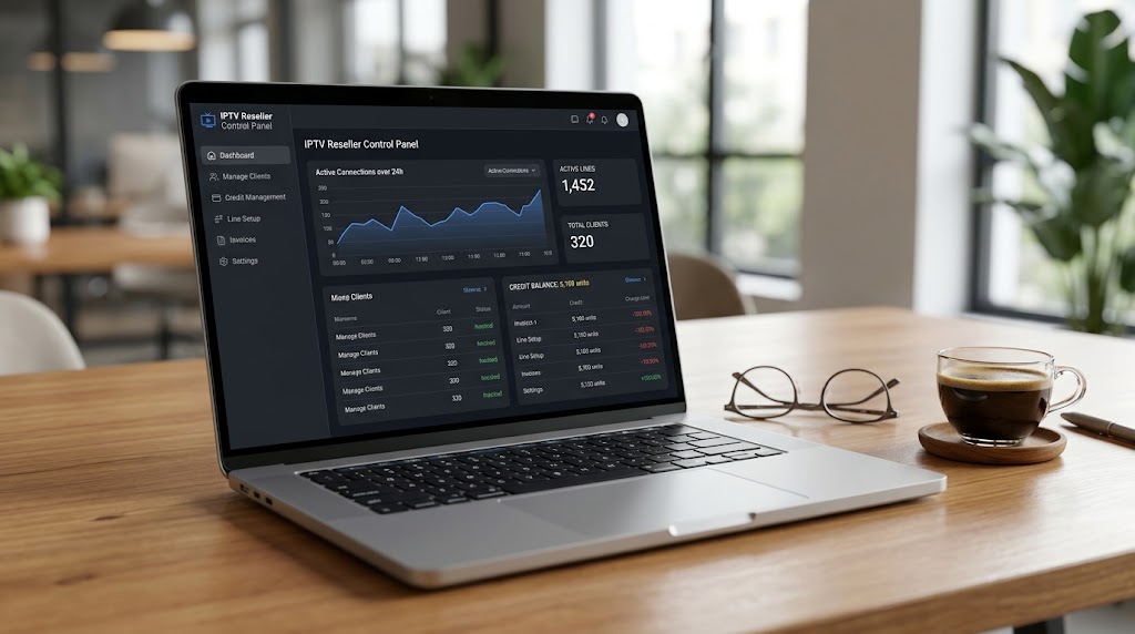 South African IPTV reseller business owner using a laptop to manage subscriptions and credits.